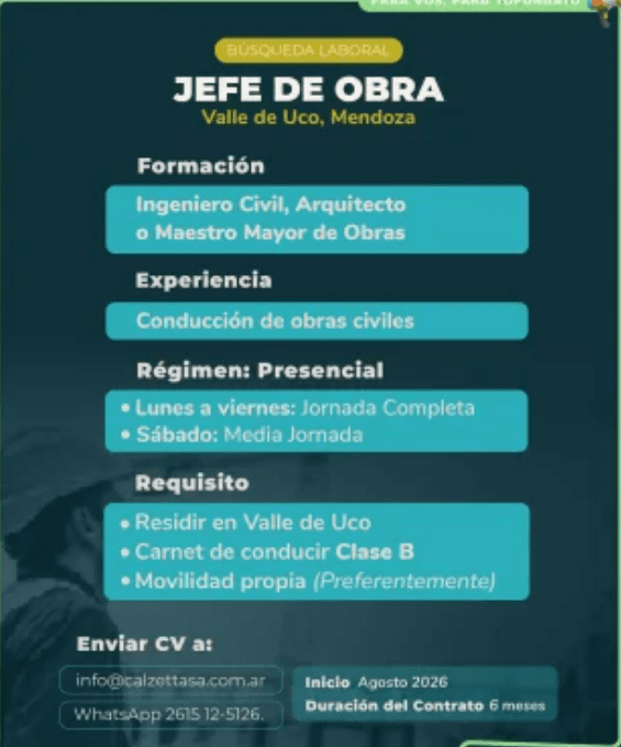 Tupungato busca Jefe de Obra para proyecto en el Valle de Uco